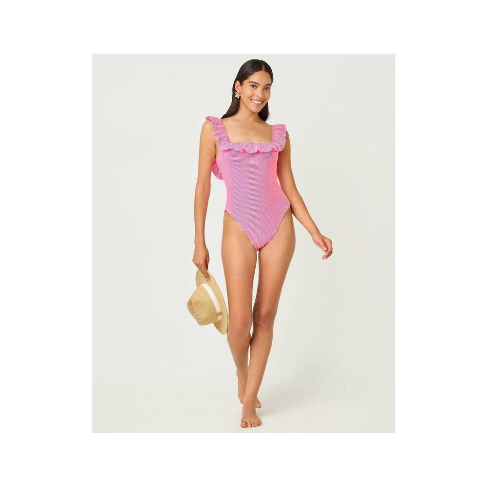 NEW LILLY PULITZER aemma ruffle one-piece swimsuit in cherry blossom pink seersu